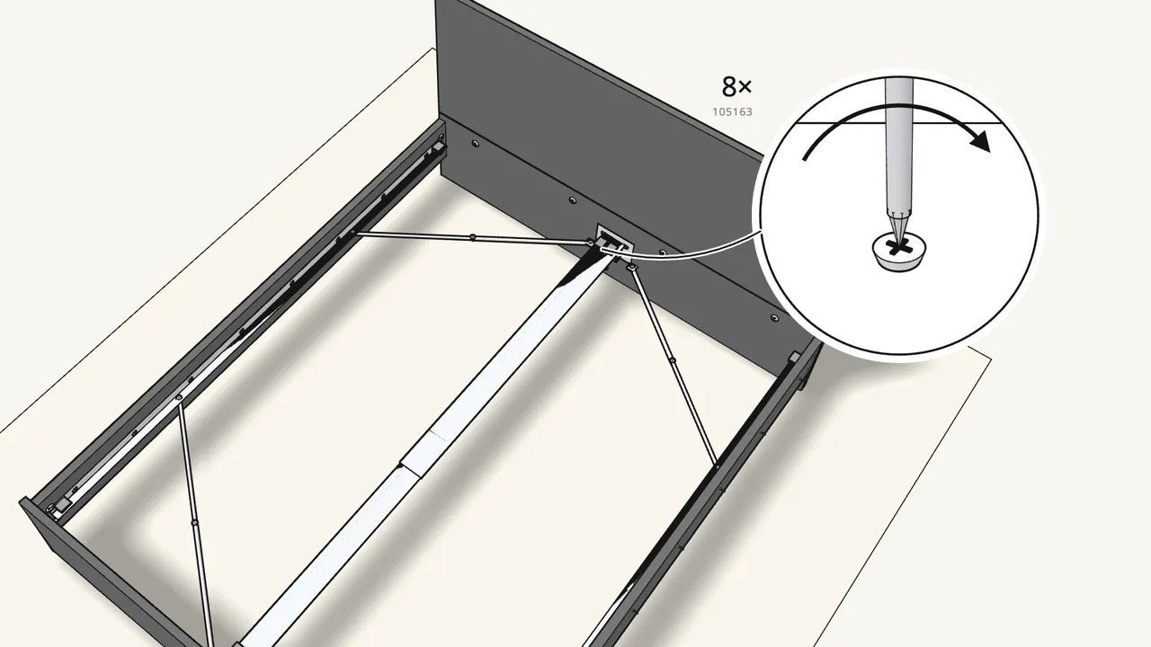 Step 17: Fit 8 slat clips (10096286) with 8 screws (105163). — IKEA MALM assembly