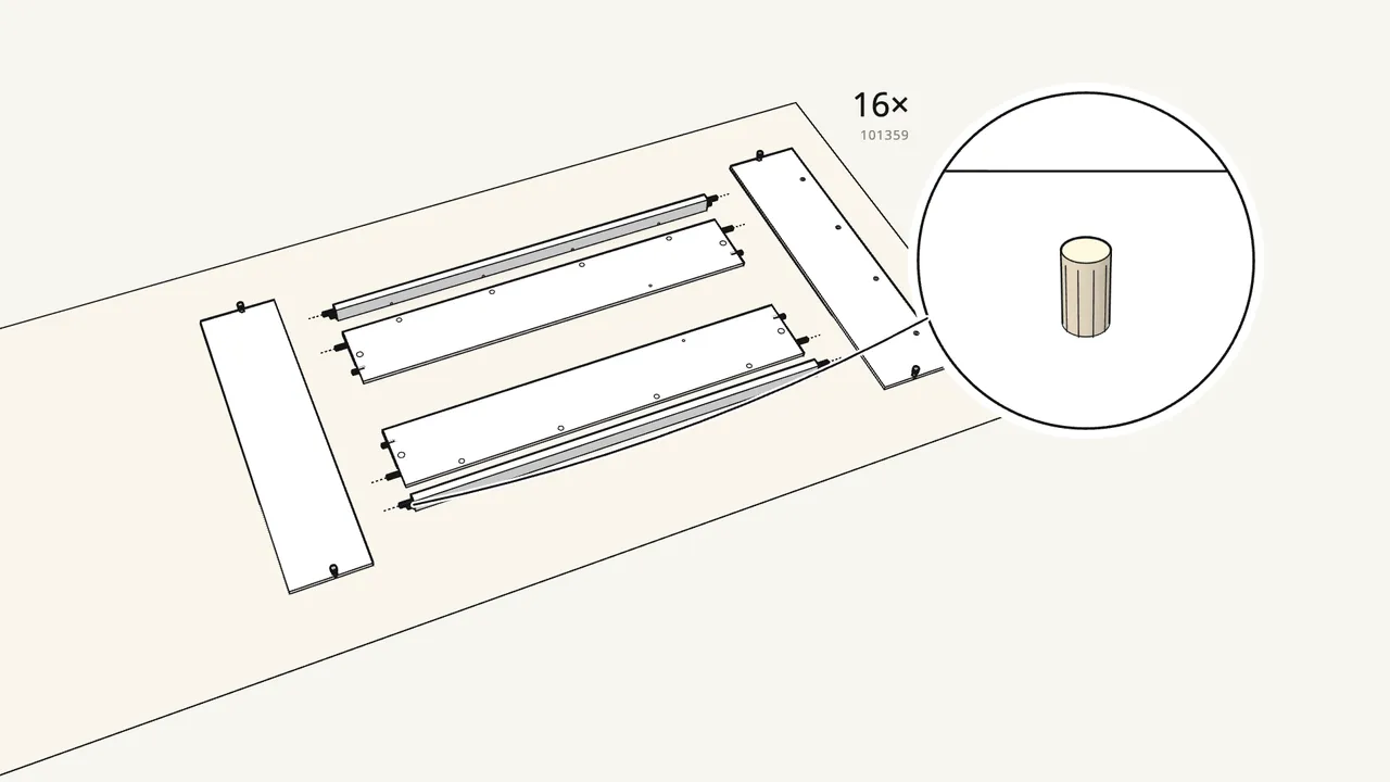 Step 2: Push 16 dowels (101359) into the ends of the side panels and rails. — IKEA MALM assembly