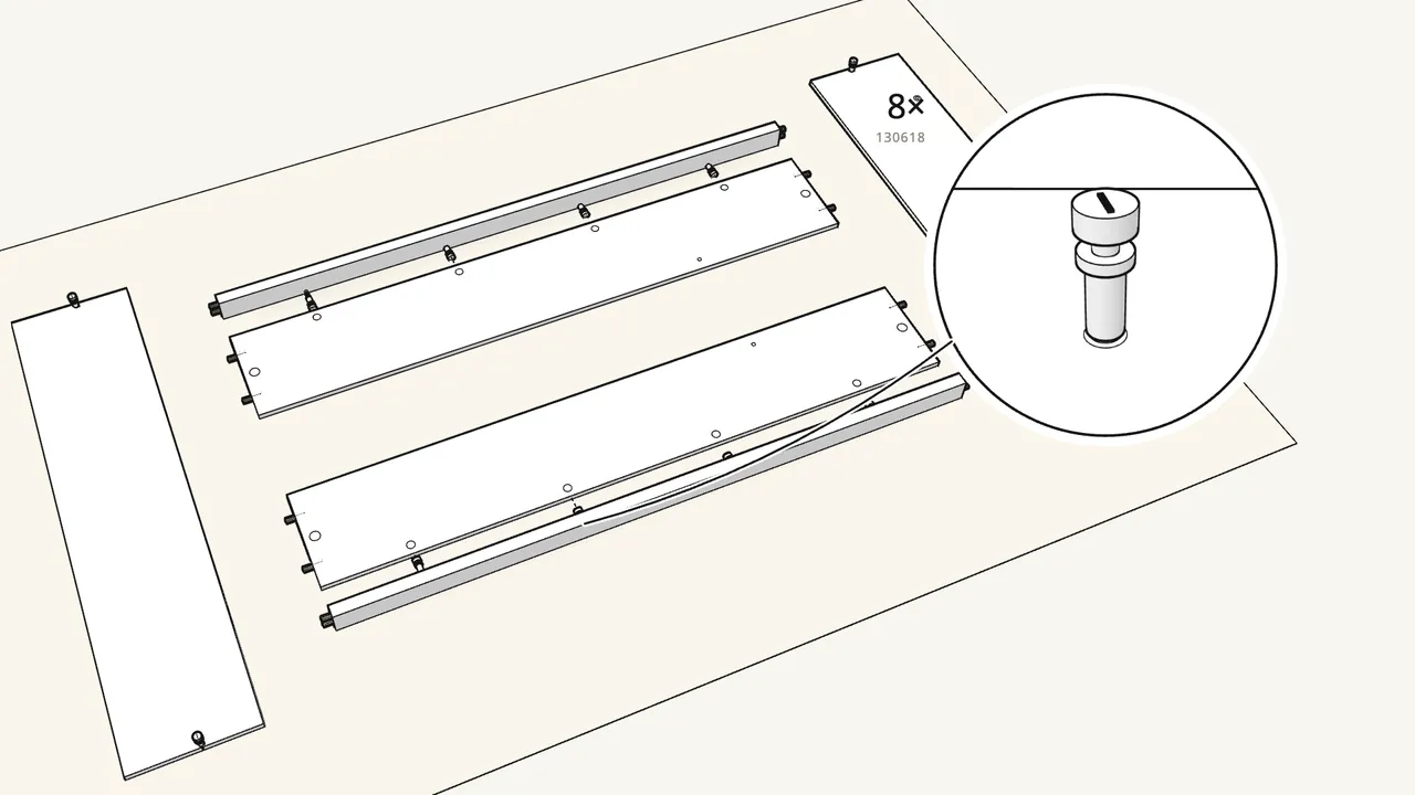 Step 3: Screw 8 cam bolts (130618) into the two rails. — IKEA MALM assembly