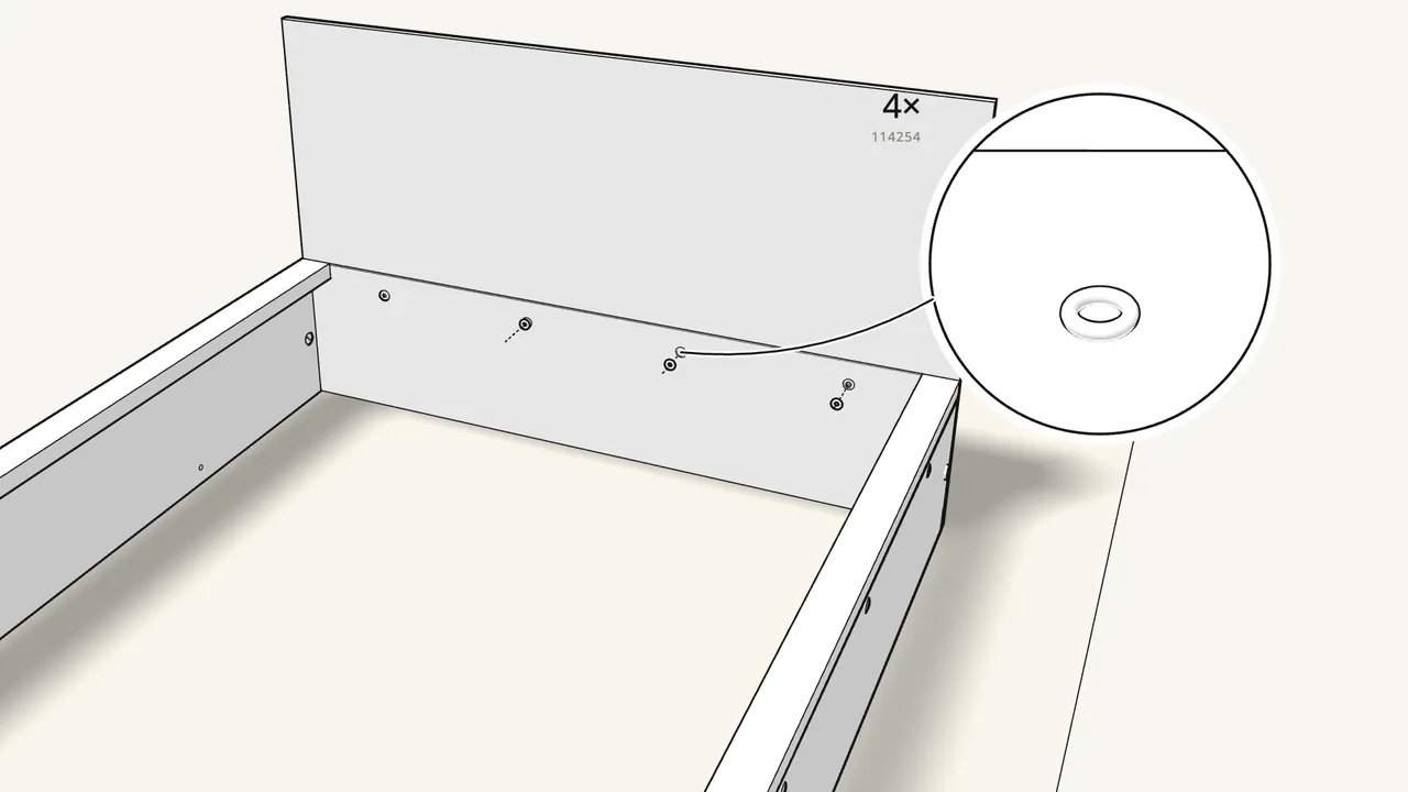 Step 9: Fit 4 plastic inserts (122998), then tighten 4 nuts (114254). — IKEA MALM assembly