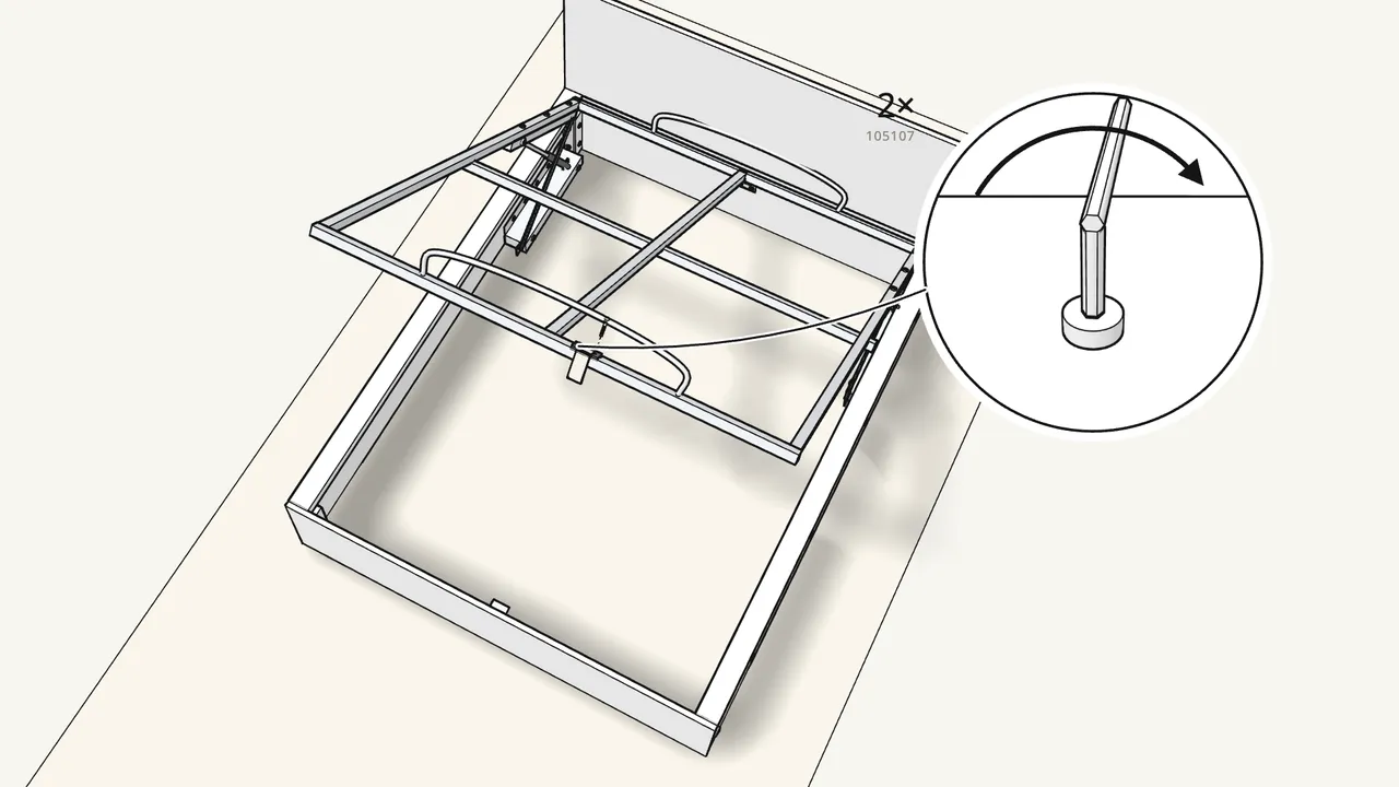 Step 20: Fit the strap (124390) and latch plate (124573) at the foot end. — IKEA MALM assembly