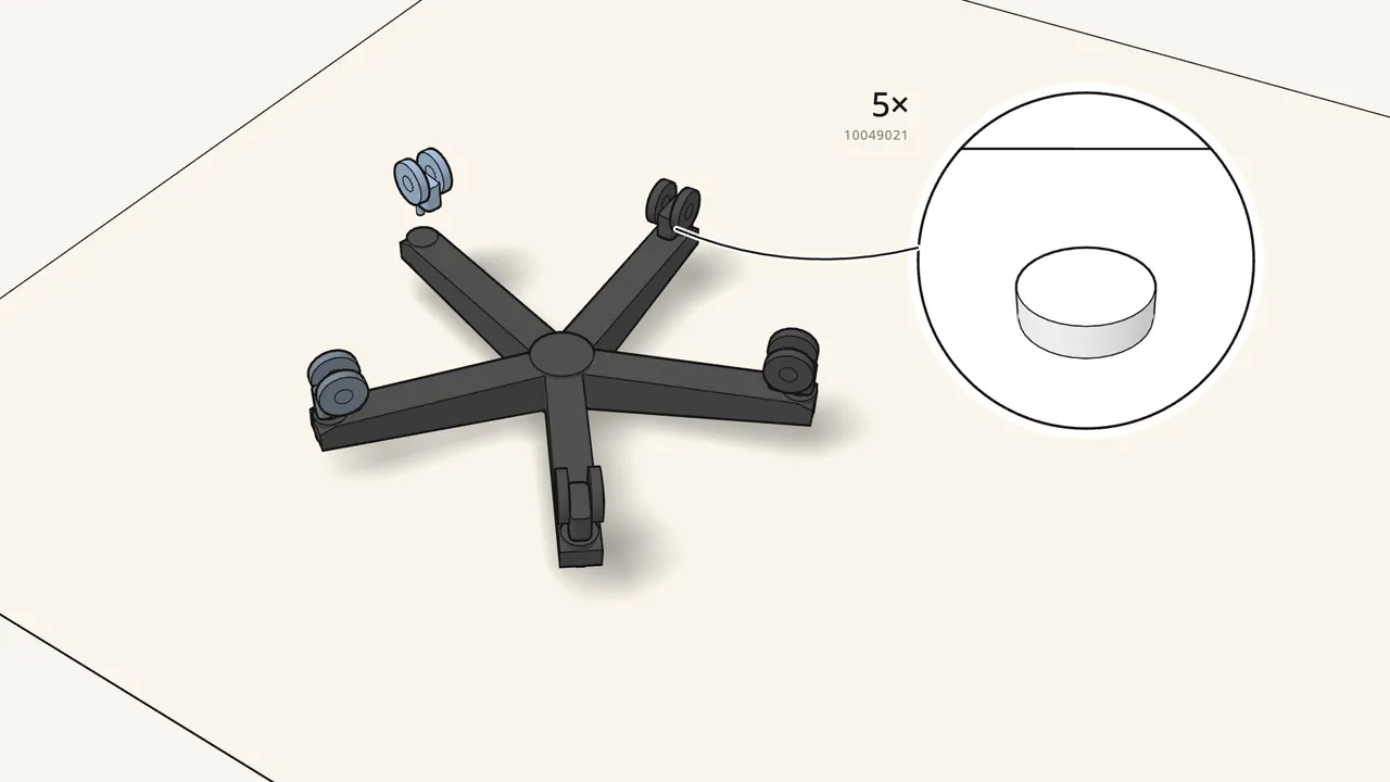 Step 1: Press the 5 casters into the legs of the base. — IKEA MARKUS assembly