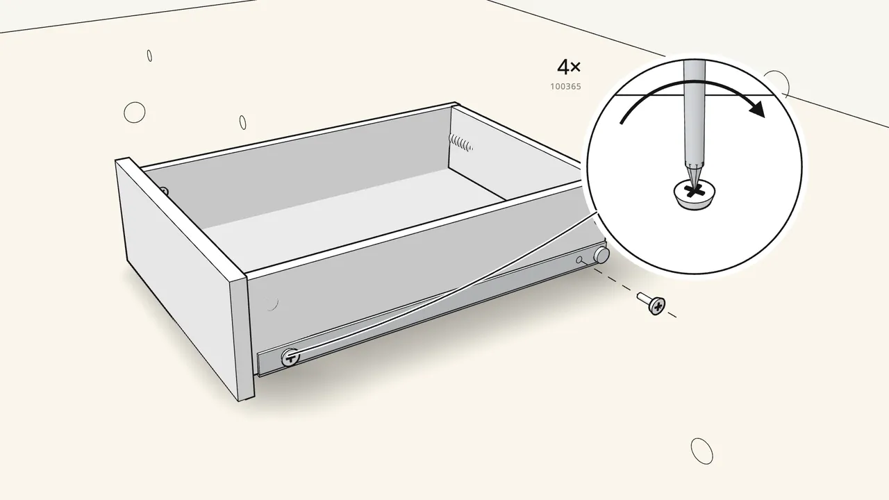 Step 5: Place a runner on each side and fix it with 2 screws (100365). — IKEA MICKE assembly