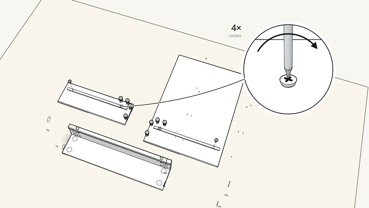 Step 9: Screw a drawer runner onto each panel — 2 screws (100365) each. — IKEA MICKE assembly