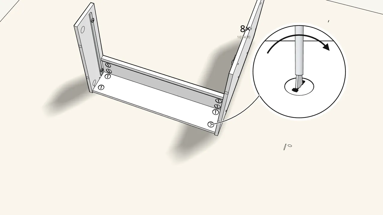 Step 11: Insert 8 cam locks (103430) and turn them clockwise. — IKEA MICKE assembly