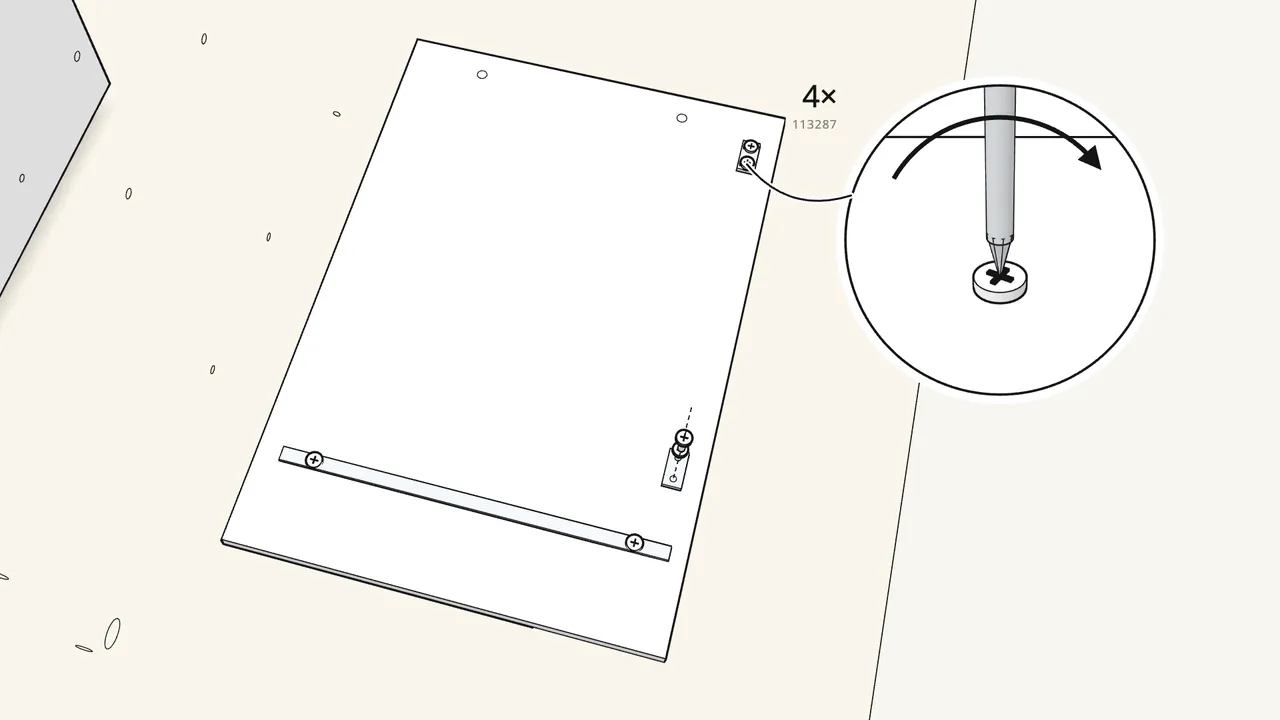 Step 13: Screw the 2 hinge plates (109221) onto the outer side. — IKEA MICKE assembly