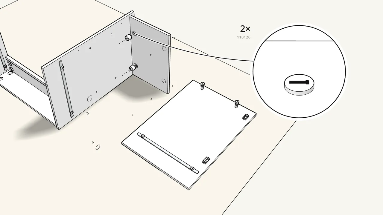 Step 14: Add 4 cam bolts, fit the cabinet bottom, lock it with 2 cam locks (110126). — IKEA MICKE assembly