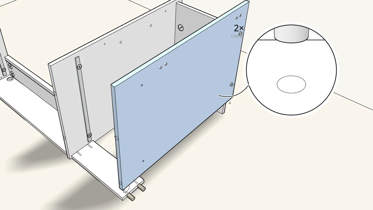 Step 15: Fit the small back rail with 4 dowels, then the outer side. — IKEA MICKE assembly