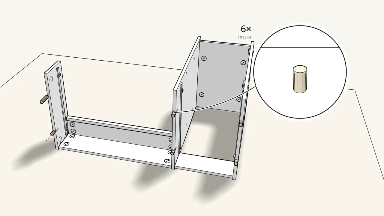 Step 16: Push 6 wooden dowels (101344) into the top edges. — IKEA MICKE assembly