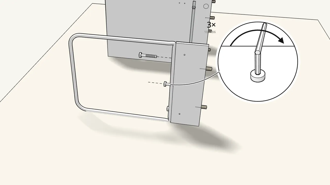 Step 17: Bolt the leg frame to the end panel with 3 bolts (100086). — IKEA MICKE assembly