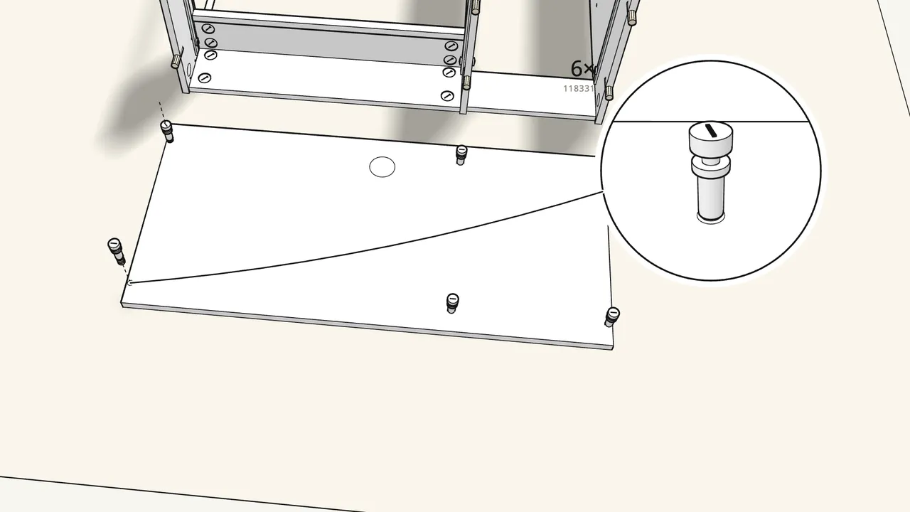Step 18: Lay the desktop face-down and screw in 6 cam bolts (118331). — IKEA MICKE assembly