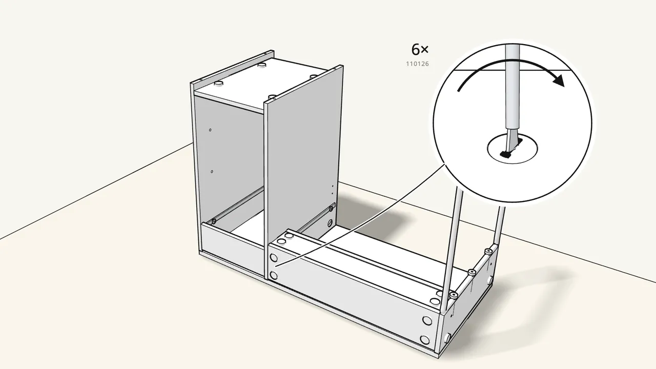 Step 20: Insert 6 cam locks (110126) and turn them clockwise. — IKEA MICKE assembly
