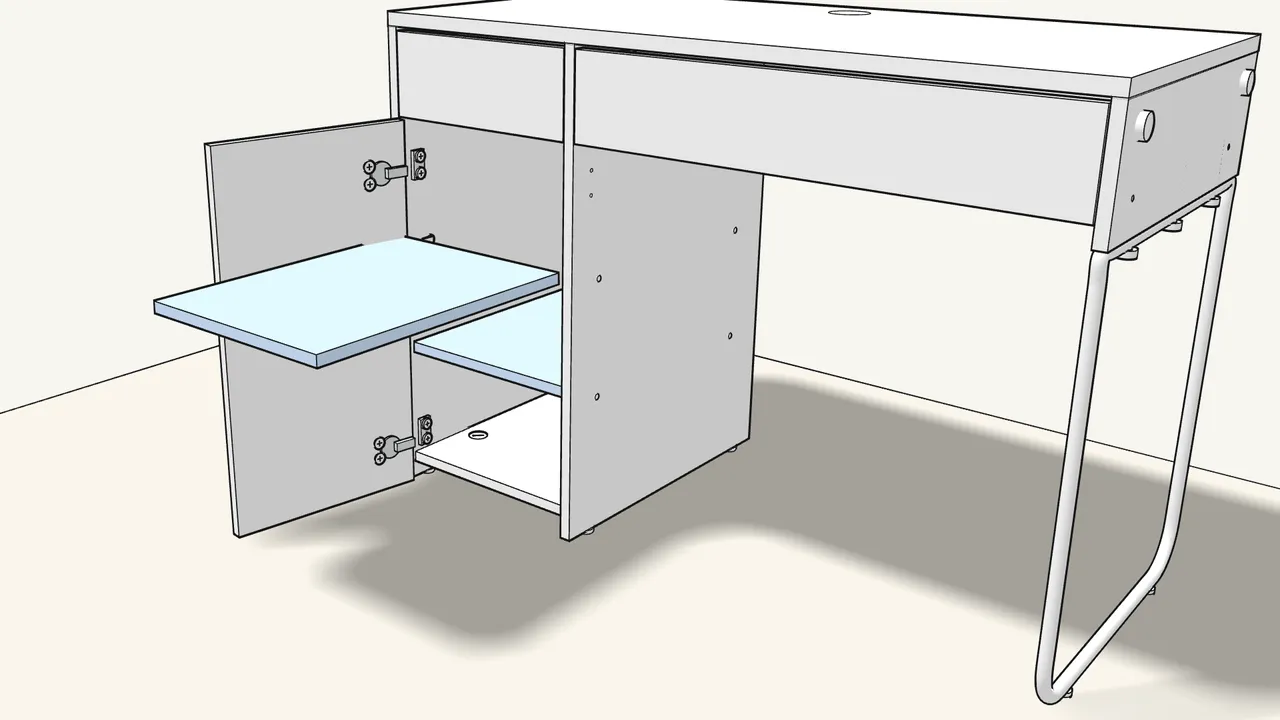 Step 26: Push in 8 shelf pins (101514) and lay the 2 shelves on them. — IKEA MICKE assembly