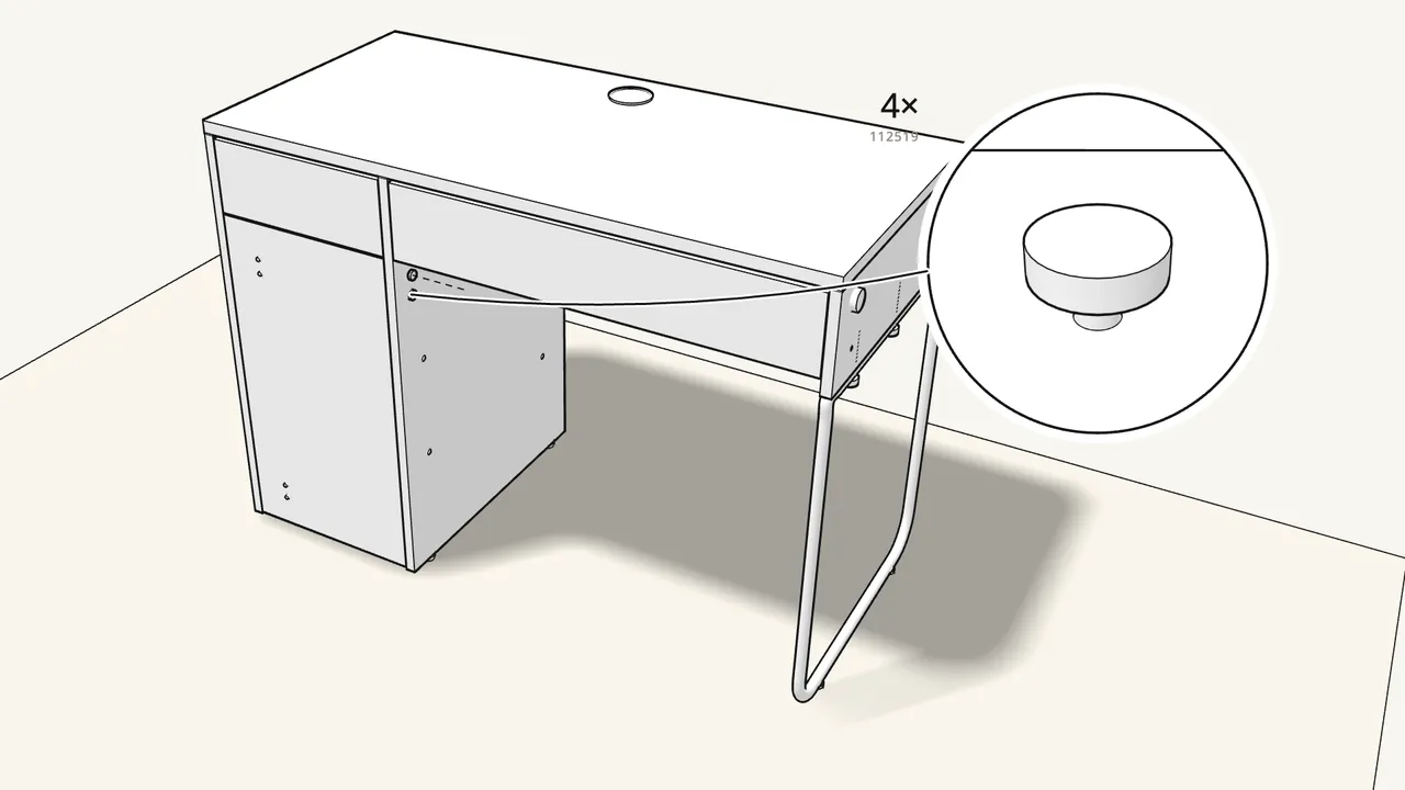 Step 28: Fit the cable grommet, then press 4 cover caps into the holes. — IKEA MICKE assembly