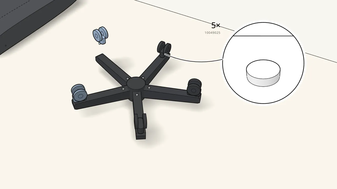 Step 4: Press the 5 casters into the ends of the legs until they click. — IKEA MILLBERGET assembly