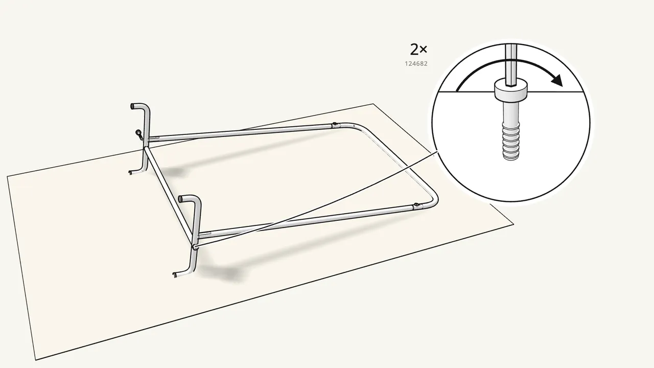 Step 4: Fit the bottom rail between the feet with 2 bolts (124682). — IKEA MULIG assembly