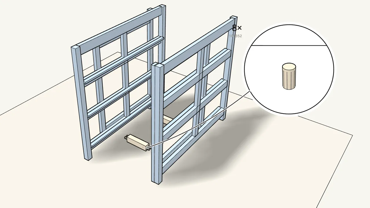 Step 1: Push 8 dowels (101352) into the two cross blocks. — IKEA NORDEN assembly