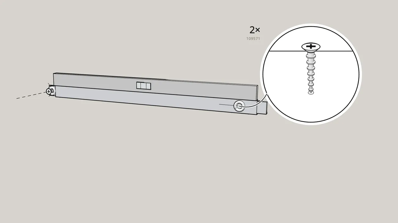 Step 5: Screw the rail to the wall: 2 screws (109571) with washers (108817). — IKEA PAX assembly