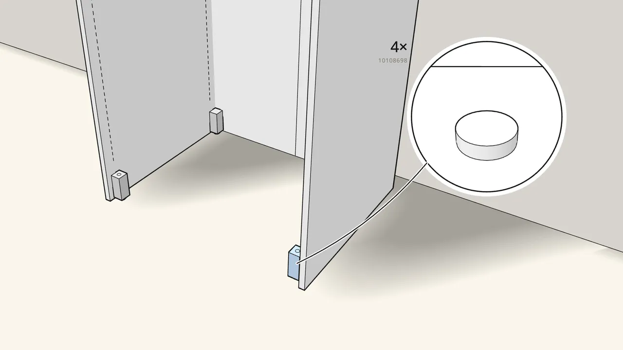 Step 9: Clip the 4 adjustable feet (10108698) onto the sides. — IKEA PAX assembly