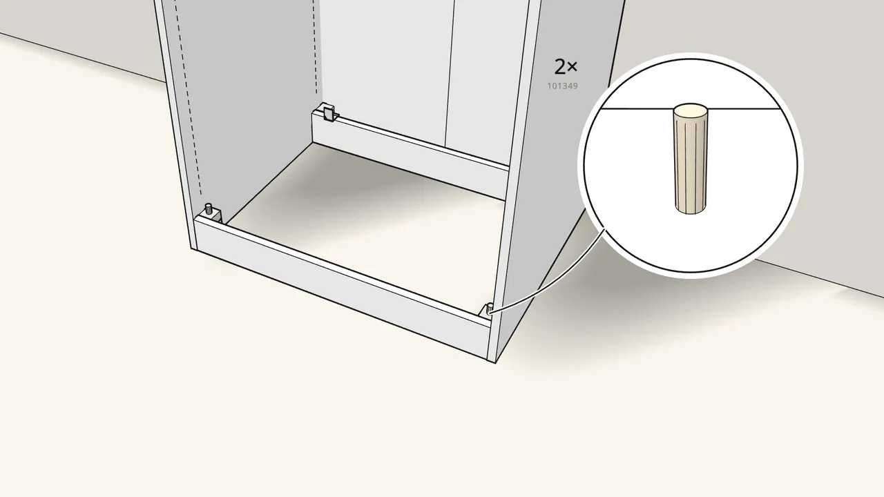 Step 18: Level the frame with the Allen key, then push 2 dowels (101349) into the front feet. — IKEA PAX assembly