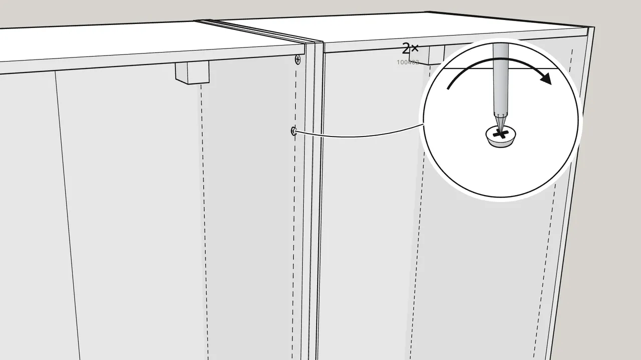 Step 27: From the other frame, screw 2 screws (100402) into the sleeves. — IKEA PAX assembly