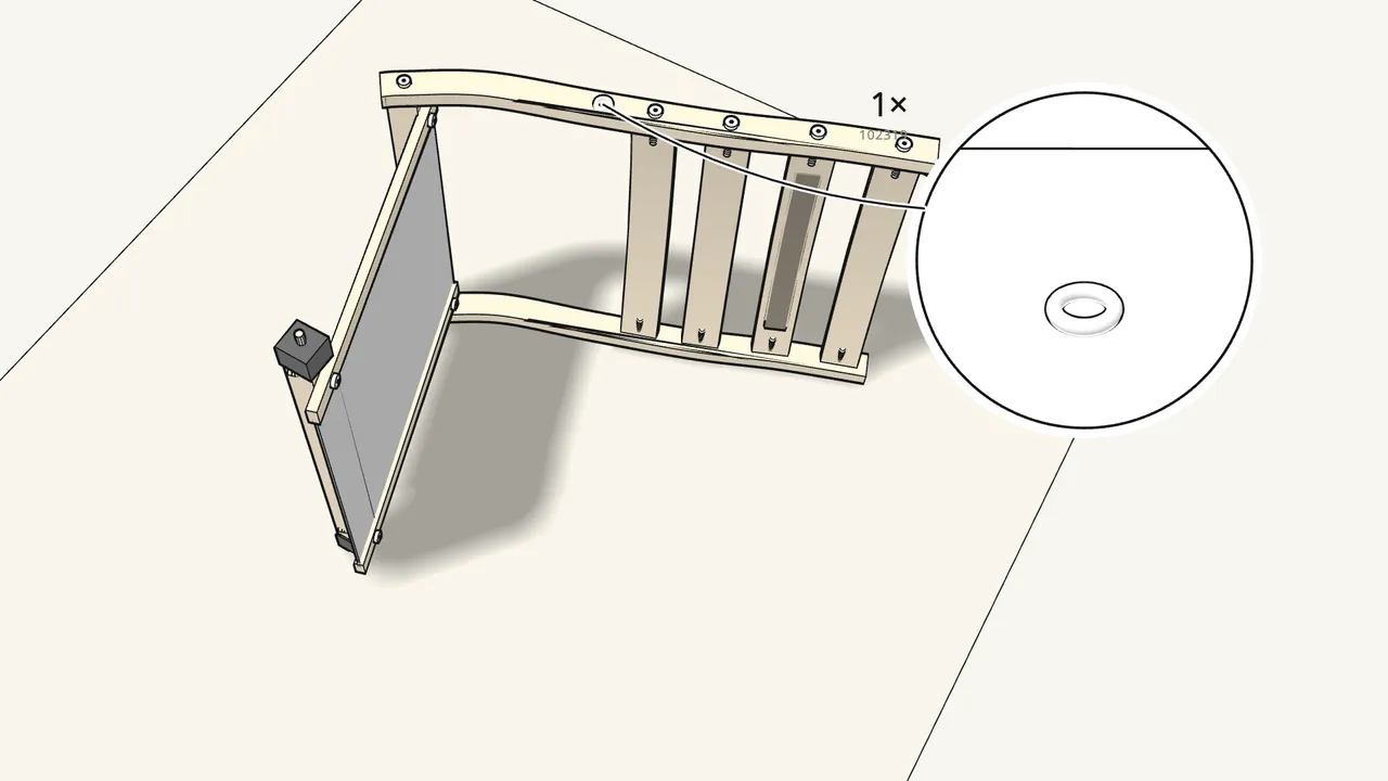 Step 10: Put a washer (102319) on the back rail and a pin (123786) in the seat front. — IKEA POÄNG assembly