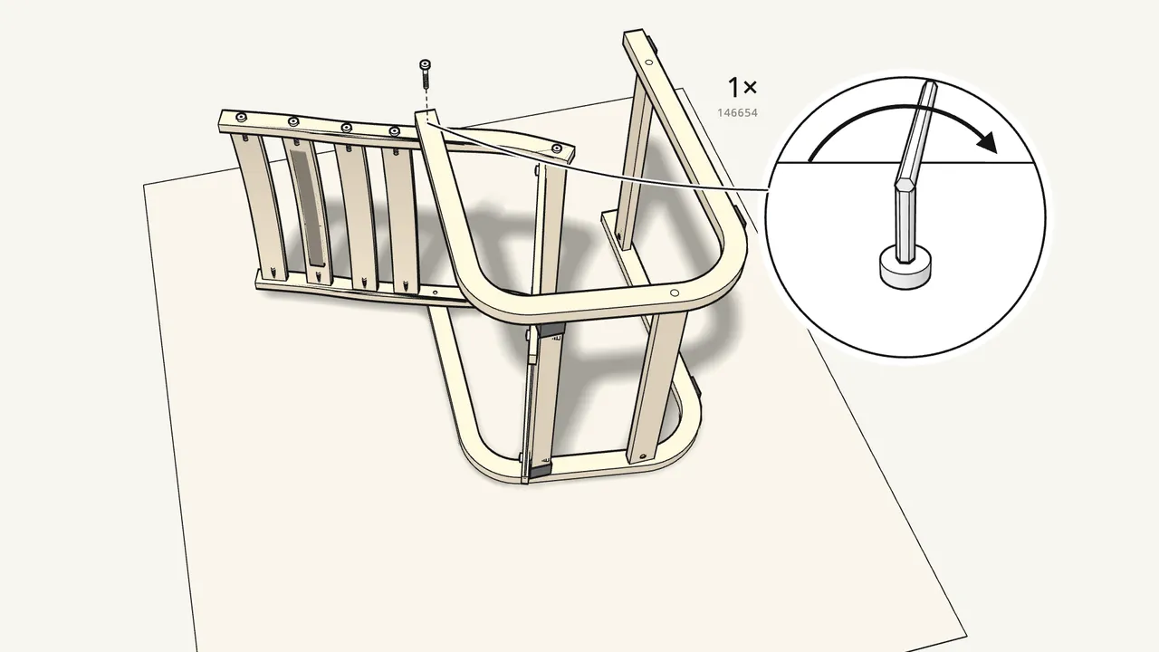 Step 15: Washer, pin and second side frame — fix it with bolt 146654. — IKEA POÄNG assembly