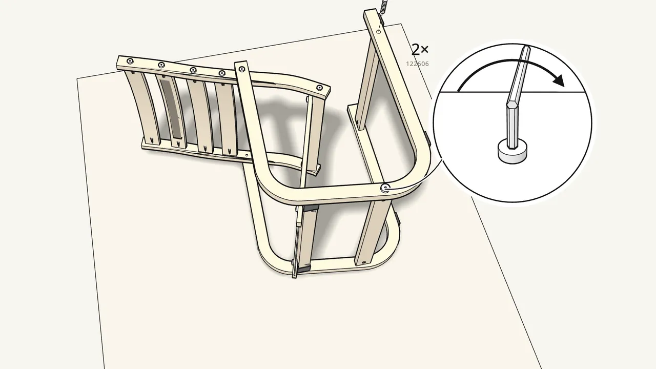 Step 16: Insert 2 barrel nuts (100514) and fix the rails with 2 bolts (122606). — IKEA POÄNG assembly