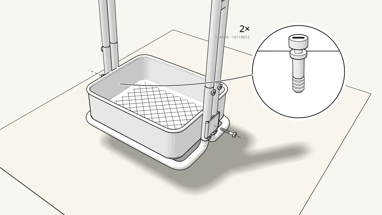 Step 5: Fit the bottom tray at mark 1 on the tubes. — IKEA RÅSKOG assembly