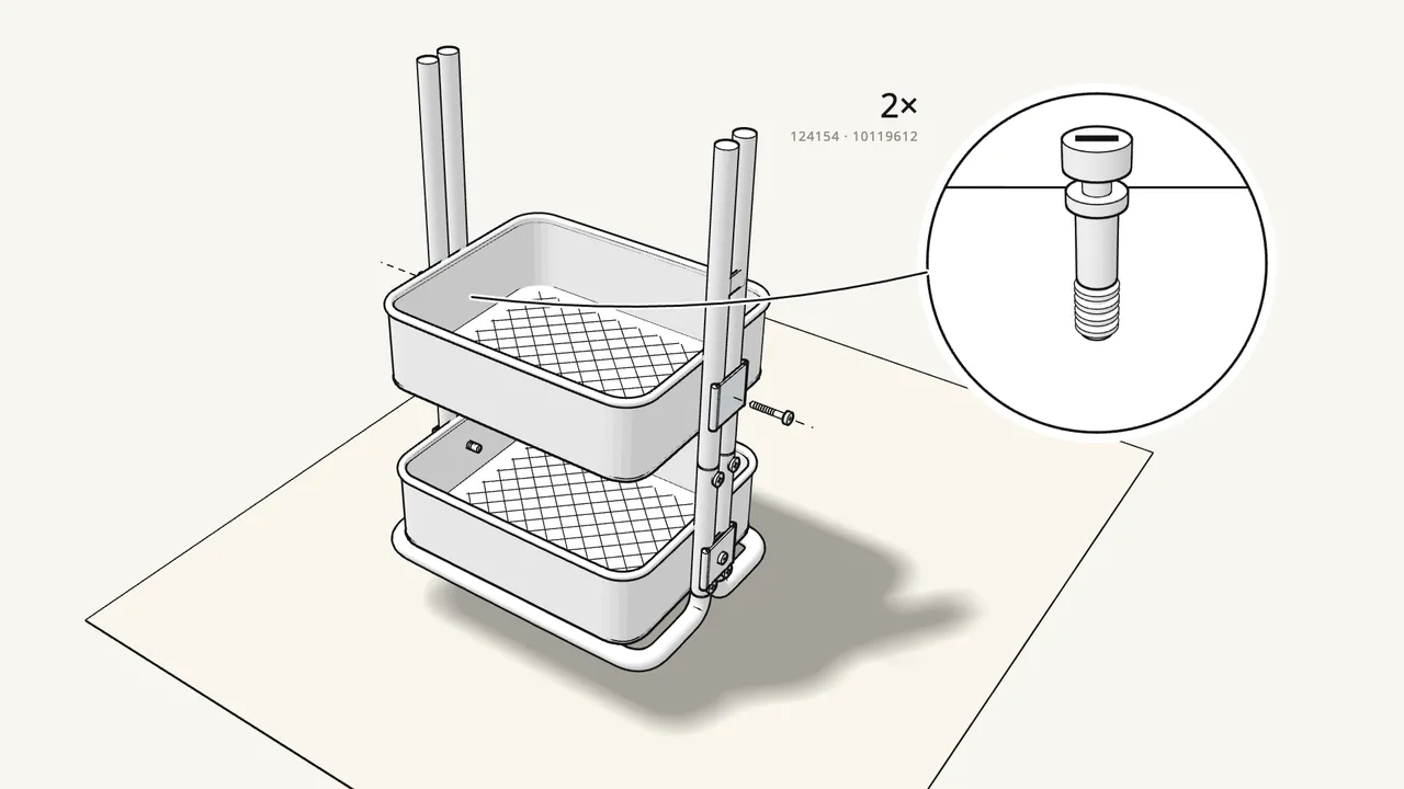 Step 6: Fit the middle tray at mark 2 the same way. — IKEA RÅSKOG assembly