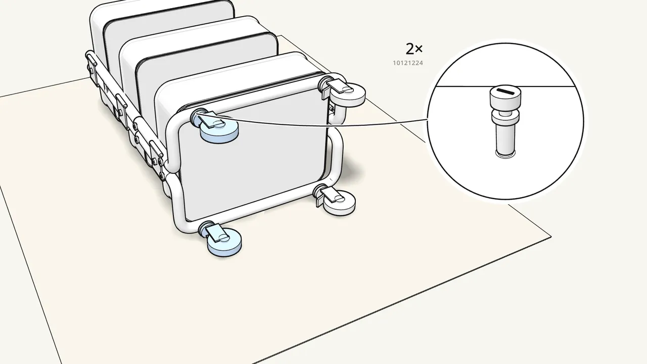 Step 10: Screw in the 2 castors without brakes by hand. — IKEA RÅSKOG assembly