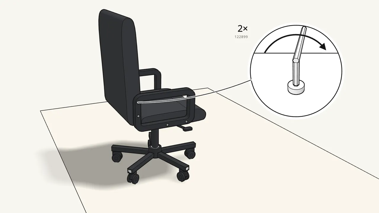 Step 13: Insert 2 more bolts (122899) through the armrests into the backrest. — IKEA RENBERGET assembly