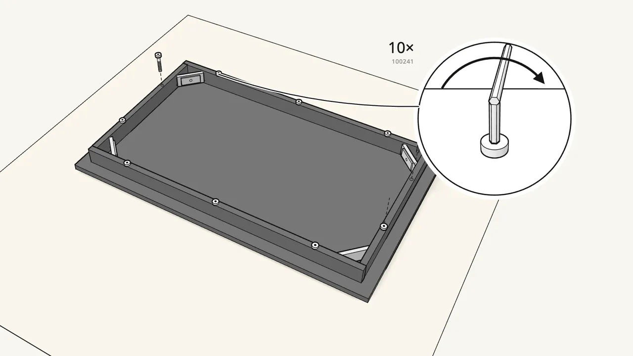 Step 5: Screw the frame to the tabletop with 10 screws (100241). — IKEA SANDSBERG assembly