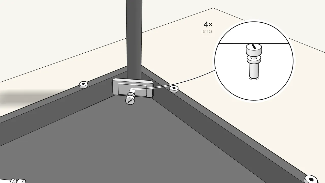 Step 7: Put a washer (100843) on a bolt (131128) and screw it into the leg. — IKEA SANDSBERG assembly