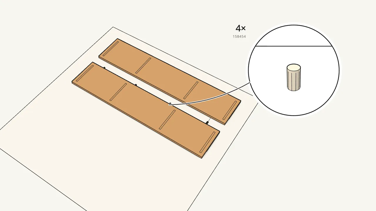 Step 1: Push 4 connector pins (158454) into the edge of one tabletop half. — IKEA SKOGSTA assembly