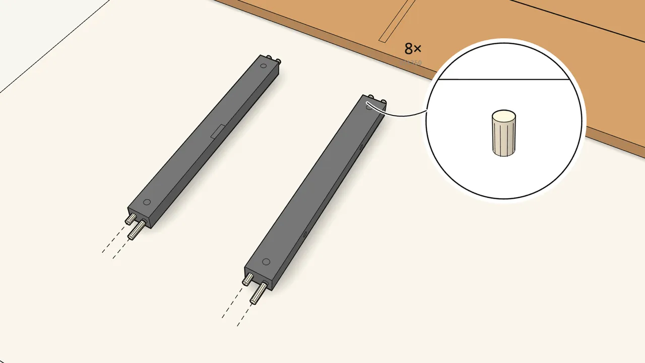 Step 4: Push 8 dowels (101350) into the ends of the two rails. — IKEA SKOGSTA assembly