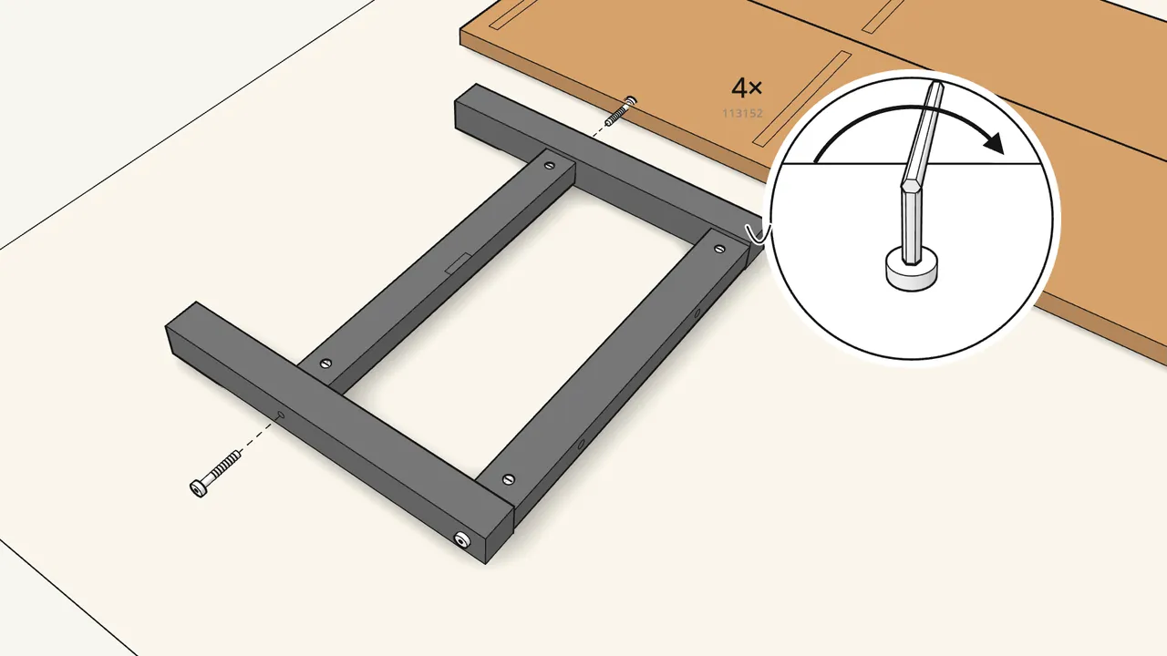 Step 6: Fix the legs with 4 bolts (113152) and 4 barrel nuts (123098). — IKEA SKOGSTA assembly