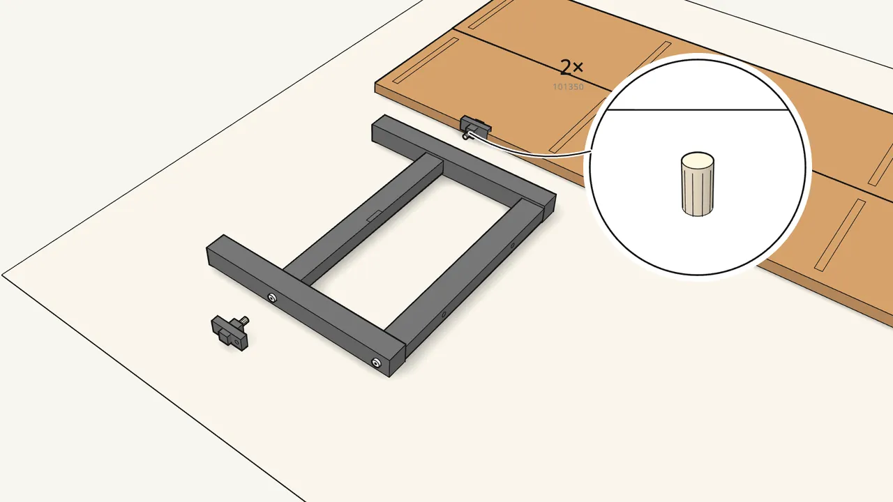 Step 7: Push a dowel (101350) into each of the 2 wedge blocks. — IKEA SKOGSTA assembly