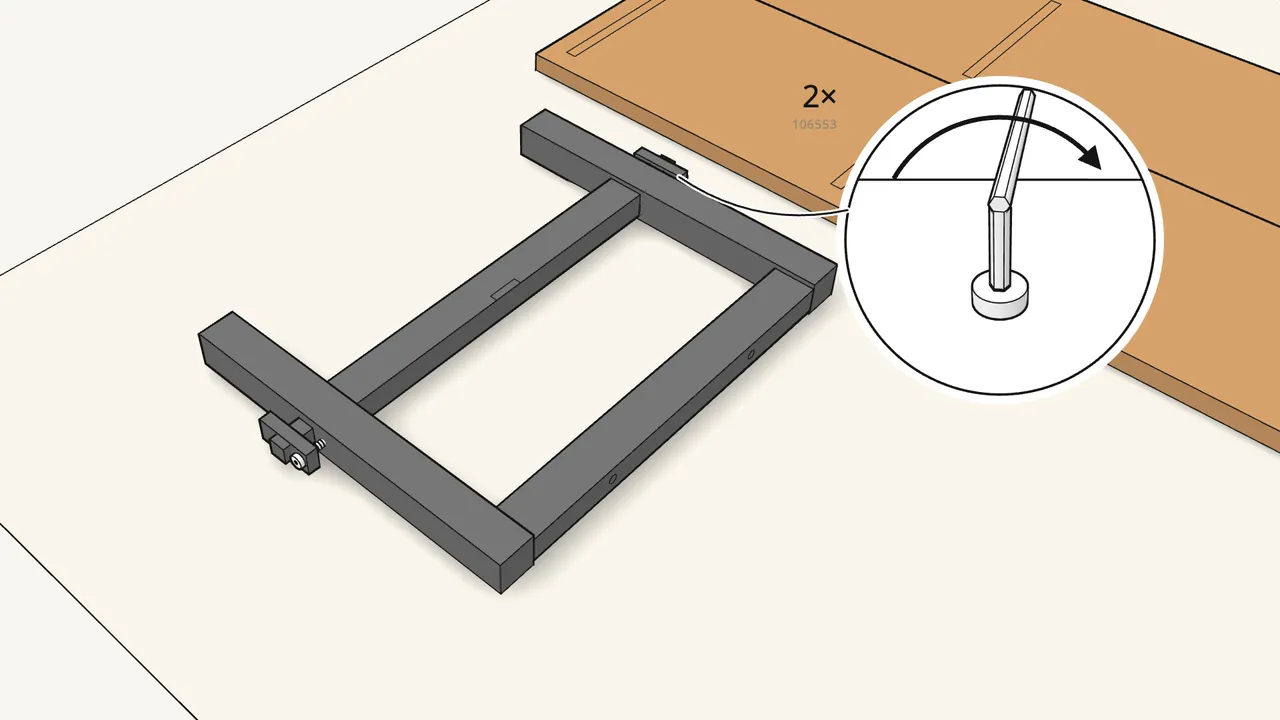 Step 8: Fix a wedge block to the outside of each leg with a screw (106553). — IKEA SKOGSTA assembly