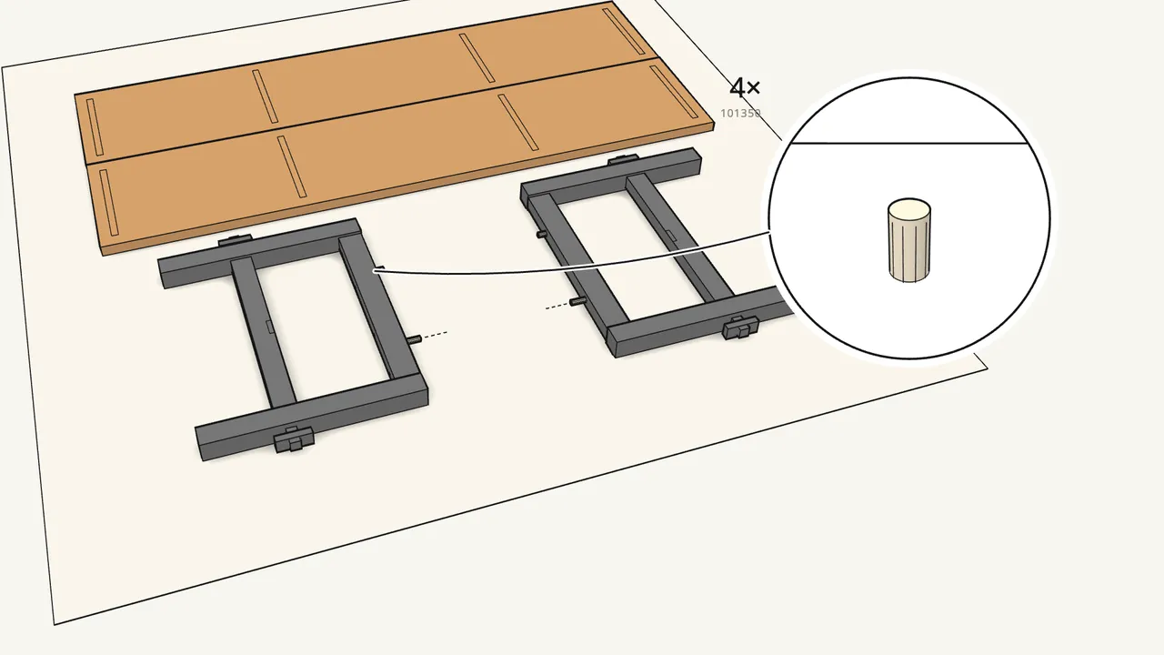Step 10: Push 2 dowels (101350) into the top of each frame. — IKEA SKOGSTA assembly