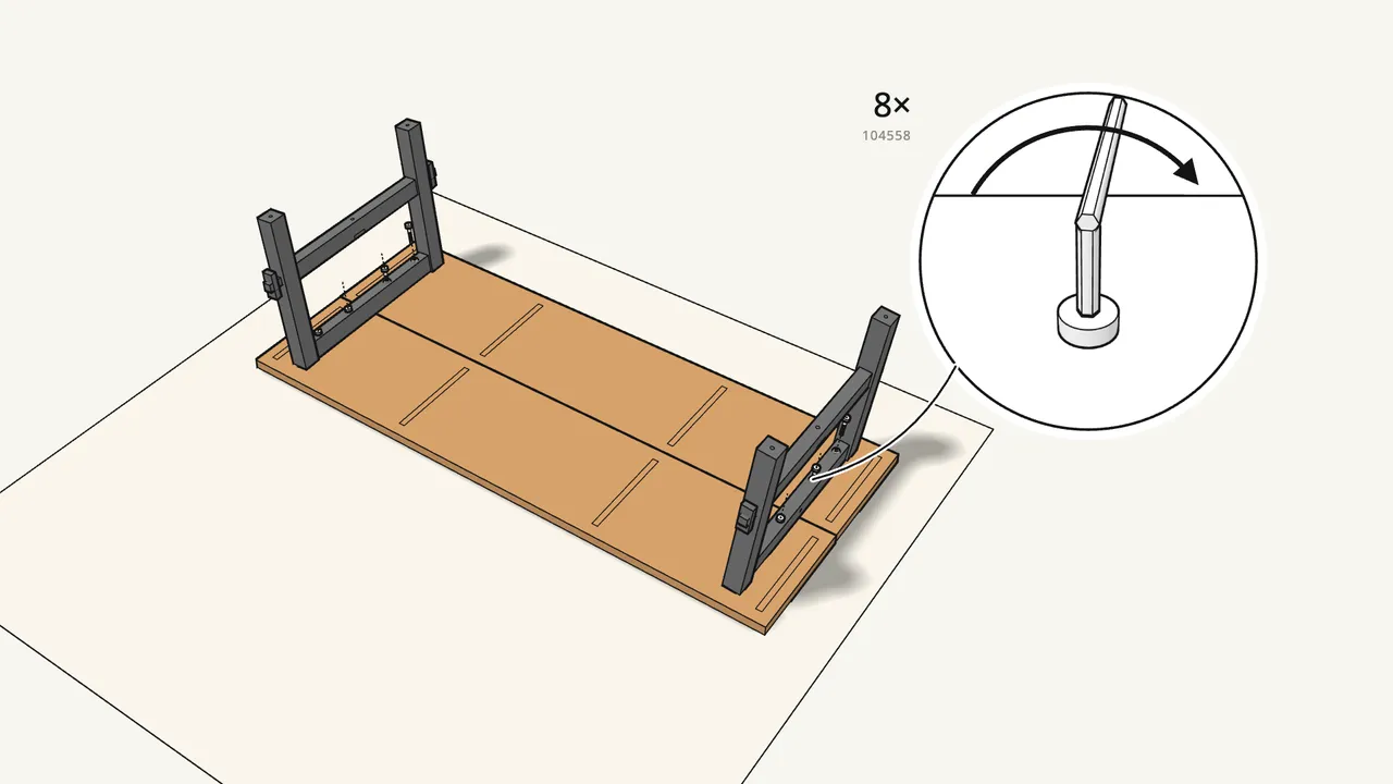 Step 12: Fix the frames with 8 bolts (104558) and 8 washers (100854). — IKEA SKOGSTA assembly