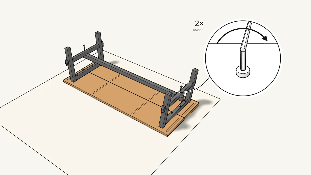 Step 13: Fit the long stretcher onto the lower rails. — IKEA SKOGSTA assembly