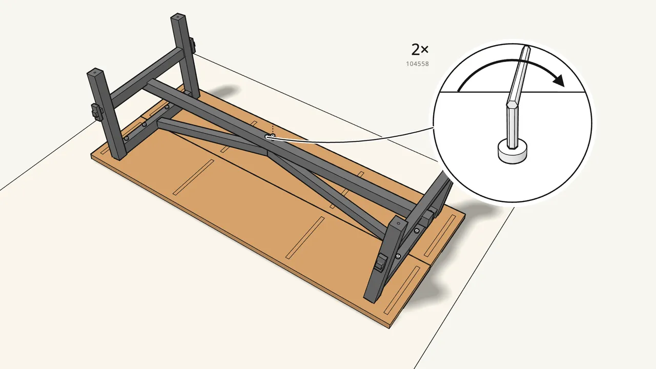 Step 16: Bolt the brace to the stretcher with 2 bolts (104558). — IKEA SKOGSTA assembly