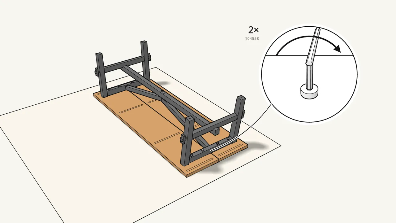 Step 17: Fix both brace ends through the top rails with 2 bolts (104558). — IKEA SKOGSTA assembly