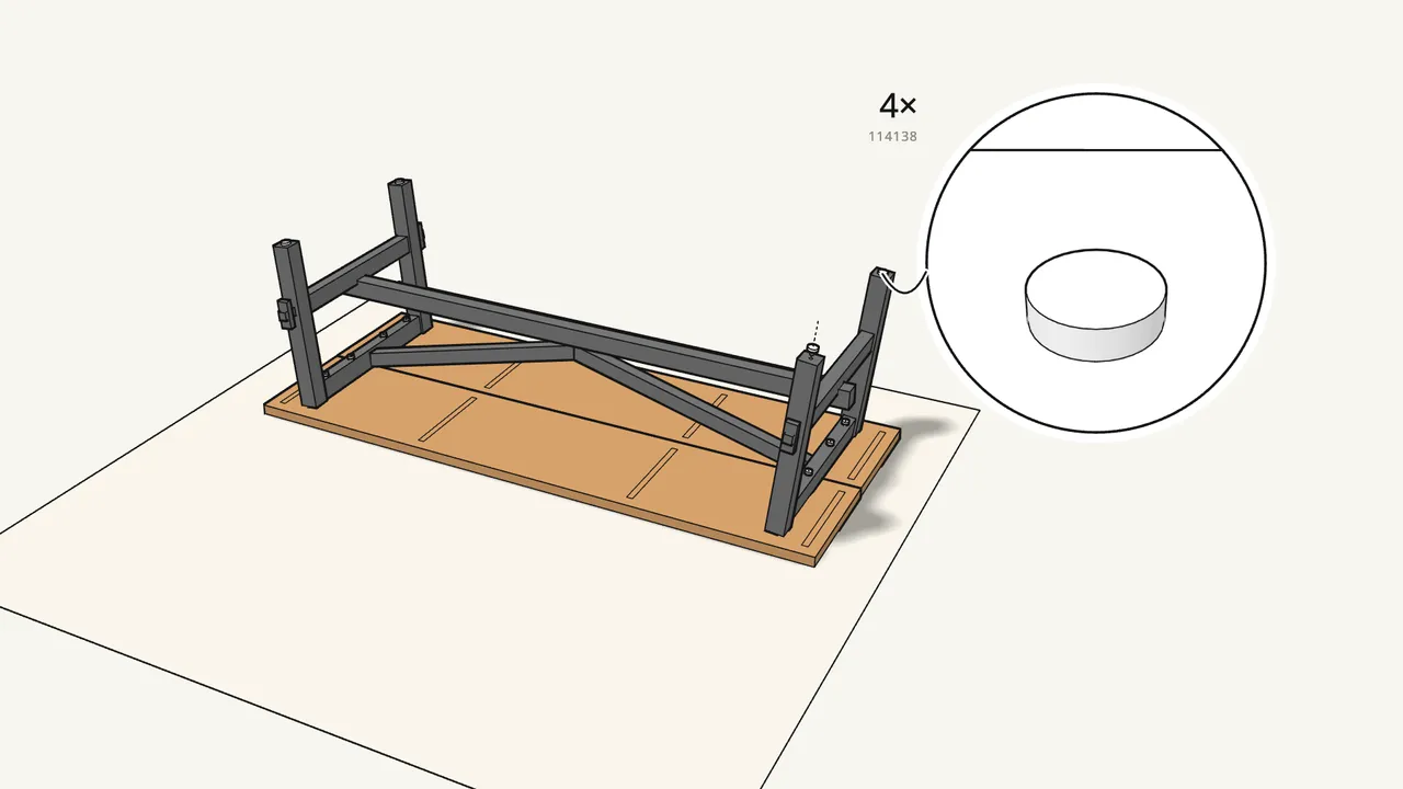 Step 18: Press a felt pad (114138) onto the end of each leg. — IKEA SKOGSTA assembly