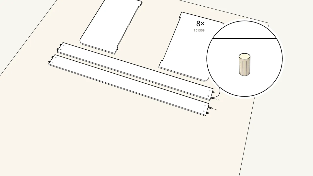 Step 2: Push 8 dowels (101359) into the ends of the side rails. — IKEA SLÄKT assembly
