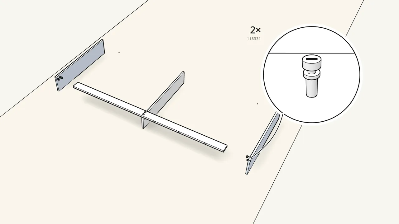 Step 10: Screw the front rail onto the divider: 2 screws (100211). — IKEA SLÄKT assembly