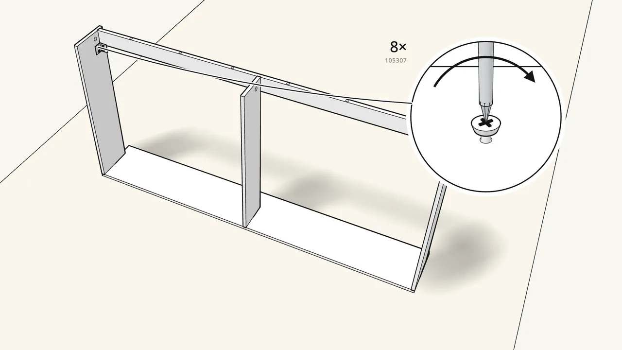 Step 12: Screw on 2 brackets (103058) with 8 screws (105307). — IKEA SLÄKT assembly