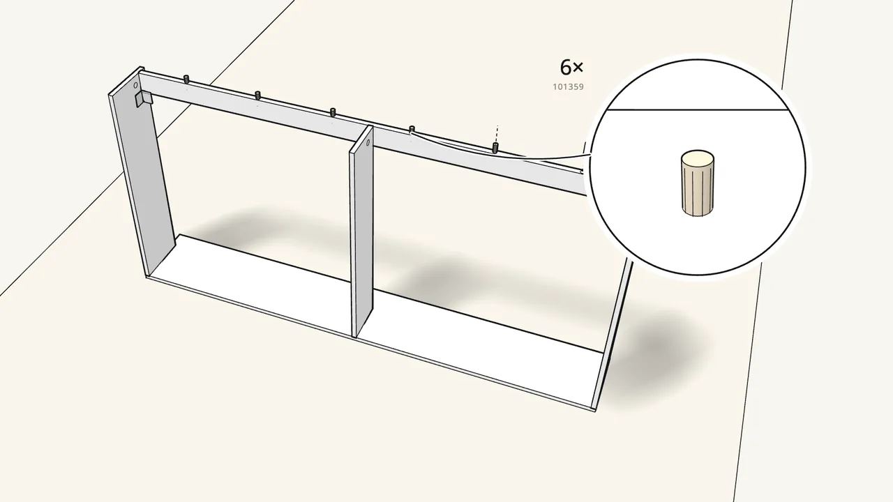 Step 13: Push 6 dowels (101359) into the edge of the front rail. — IKEA SLÄKT assembly
