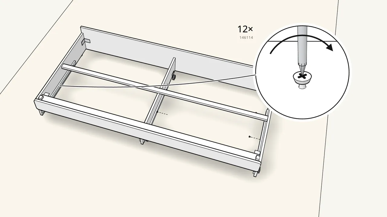 Step 18: Screw on the 4 drawer runners (CR/CL): 12 screws (146114). — IKEA SLÄKT assembly